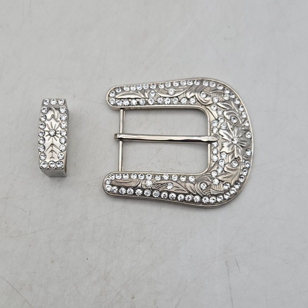 Vtg Yik Jung Belt Buckle Silver Plated Faux Diamonds Rhinstone Cowboy Cowgirl